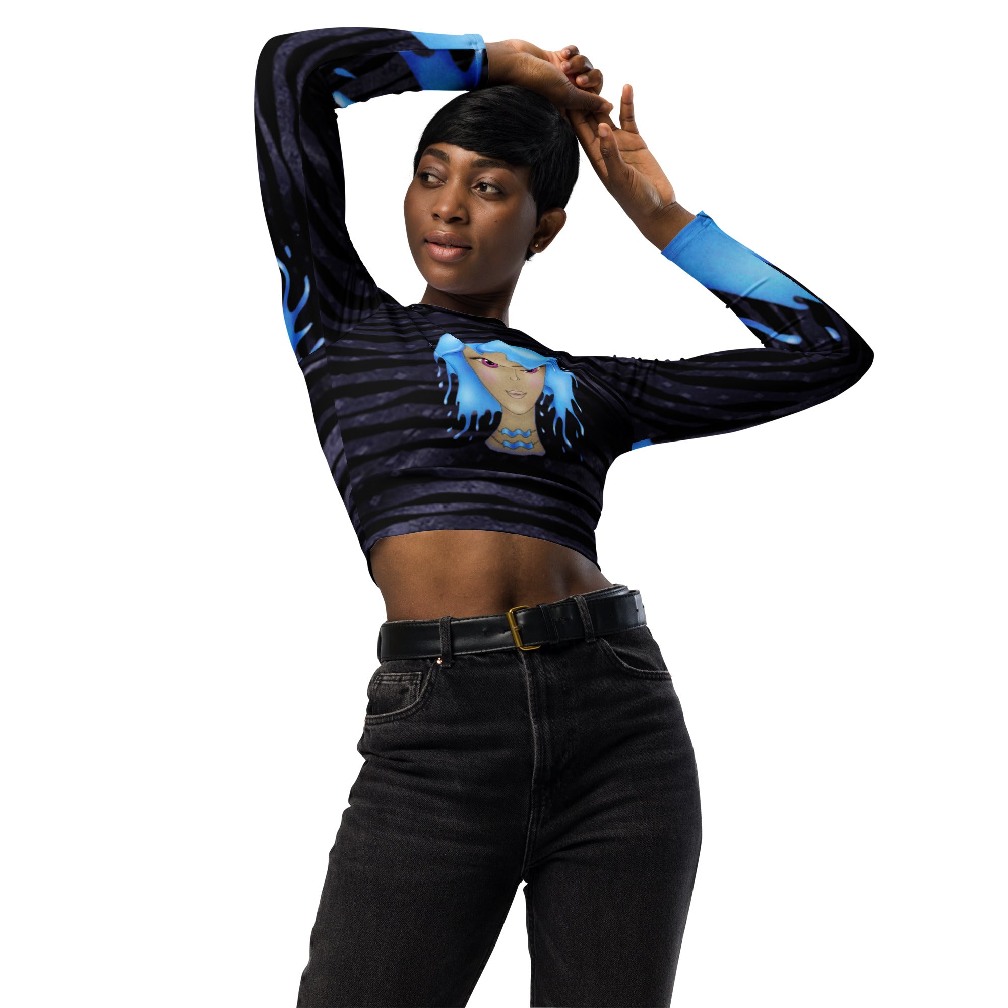Recycled Long-Sleeve Crop Top- Gym Wear or Streetwear for Aquarius- "Cosmic Aqua" by WickedYo.